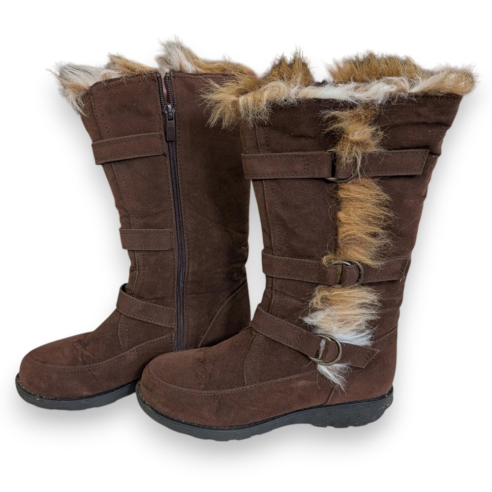 Lamo Trapper Side Zip Boots Womens 8 Chocolate Brown Faux Suede Fur Trim